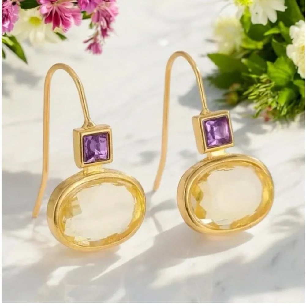 Bohemian Boho Citrine Amethyst Gemstone Hoop Earrings for Women – Elegant Casual